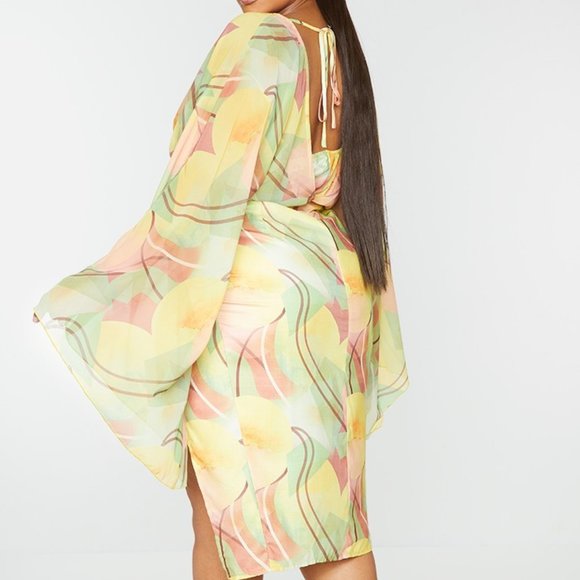 PLT PLUS MULTI PRINT CHIFFON CUT OUT SPLIT MIDI DRESS (NWOT) - Picture 5 of 5